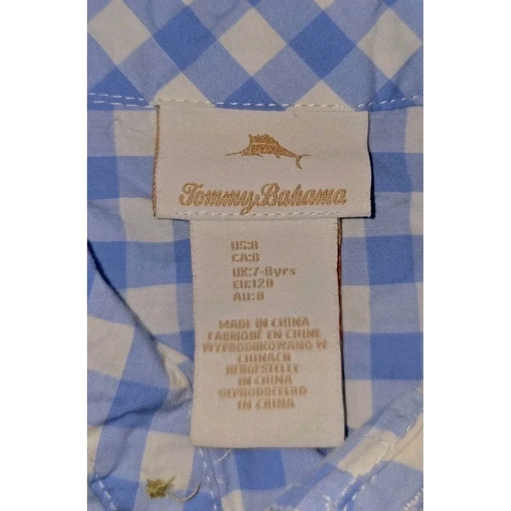 Tommy Bahama Boys SZ‎ 7-8 Blue White Gingham Cotton Button Up Shirt Short Sleeve